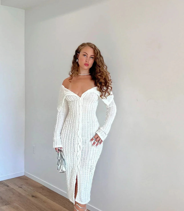 White off shoulder midi dress with long sleeves, ribbed texture and front slit