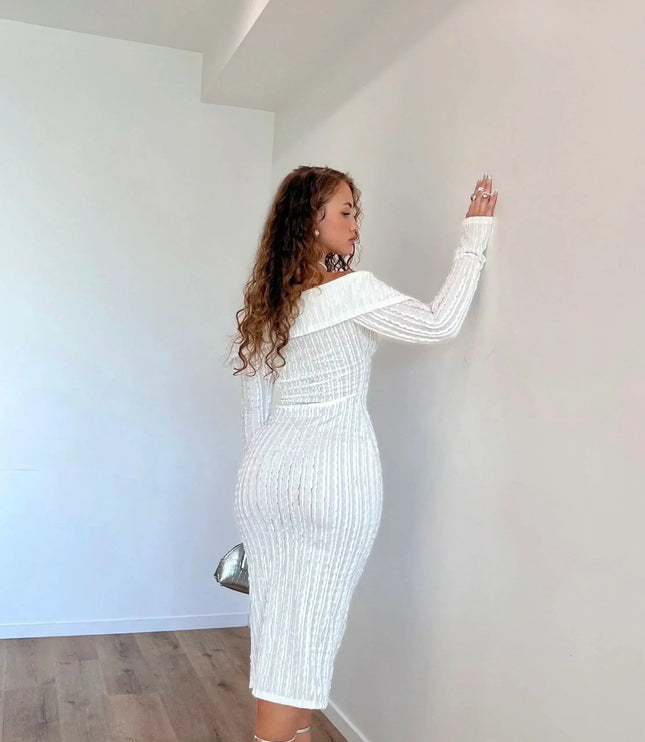 Side view of white off shoulder midi dress with fitted ribbed fabric and long sleeves