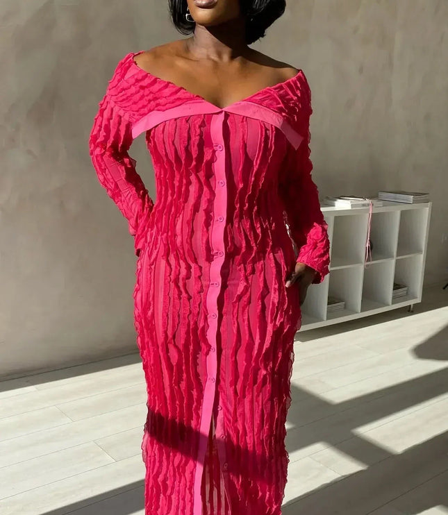 Back view of black off shoulder midi dress with fitted silhouette and ribbed knit texture