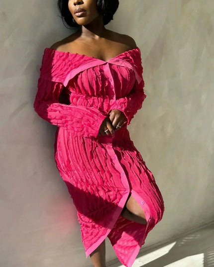 Bright pink off shoulder midi dress with long sleeves, button front, and textured fabric