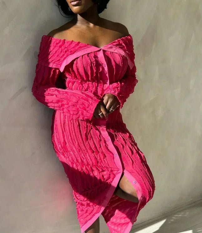 Bright pink off shoulder midi dress with long sleeves, button front, and textured fabric