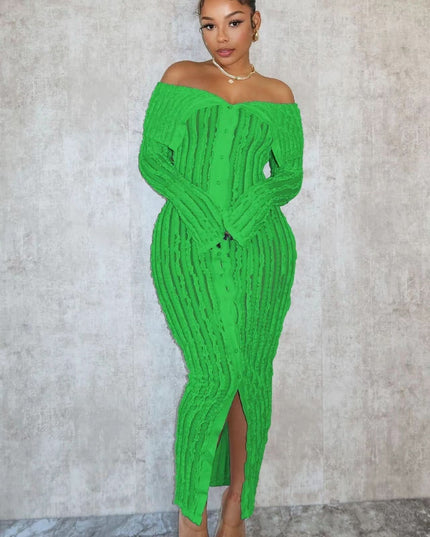 Blue off shoulder midi dress with long sleeves, fitted ribbed design, and front slit
