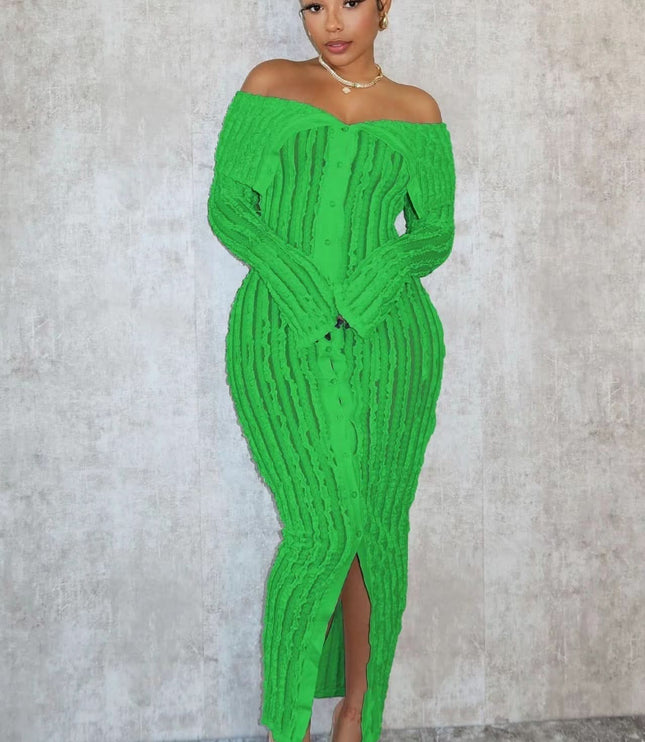 Blue off shoulder midi dress with long sleeves, fitted ribbed design, and front slit