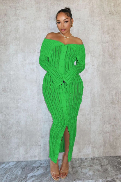 Blue off shoulder midi dress with long sleeves, fitted ribbed design, and front slit