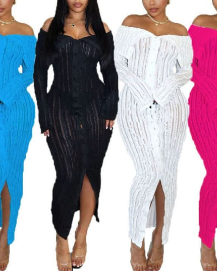 Color variety view of off shoulder midi dress in blue, black, white, and pink