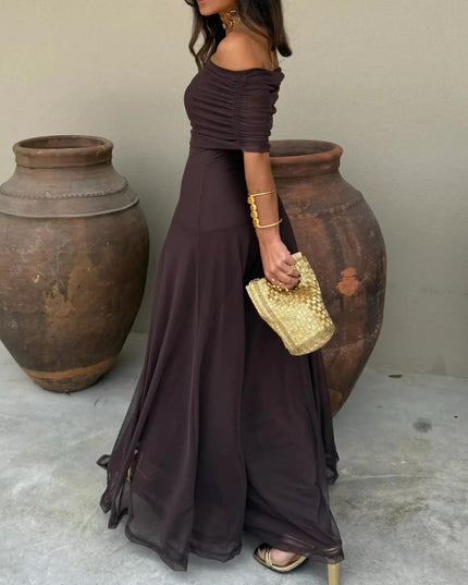 Women's Off-Shoulder Ruched Sheer Skirt Maxi Dress