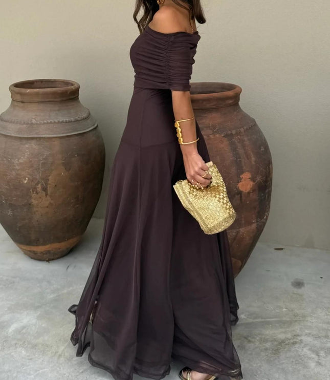 Women's Off-Shoulder Ruched Sheer Skirt Maxi Dress