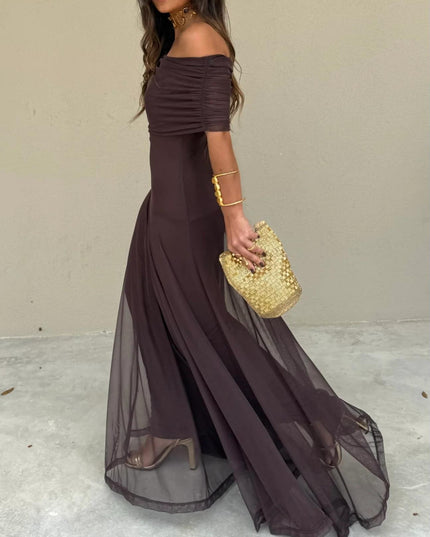 Women's Off-Shoulder Ruched Sheer Skirt Maxi Dress