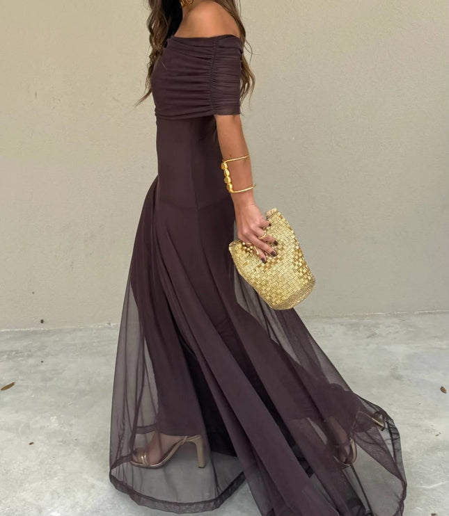 Women's Off-Shoulder Ruched Sheer Skirt Maxi Dress