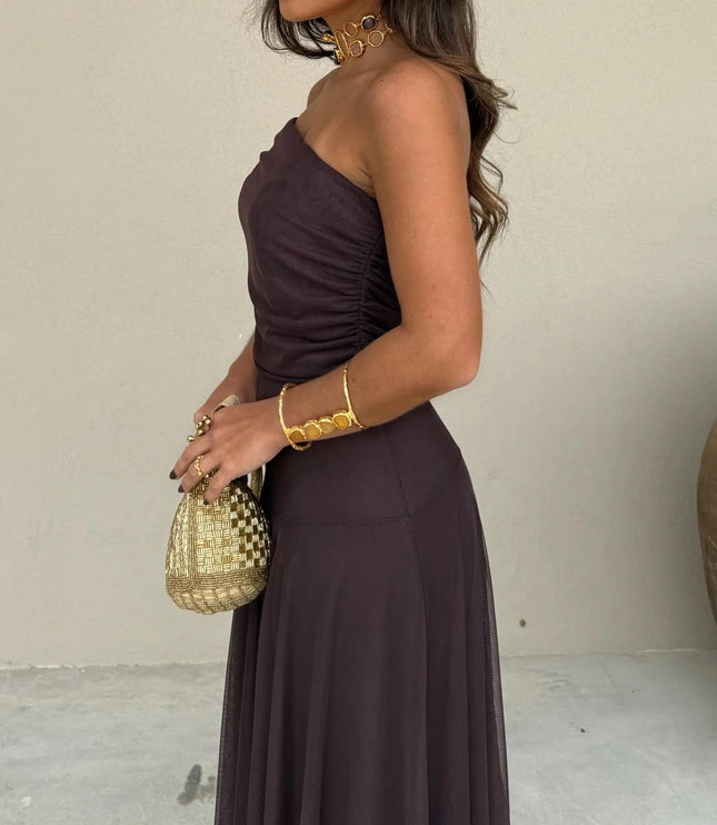 Women's Off-Shoulder Ruched Sheer Skirt Maxi Dress