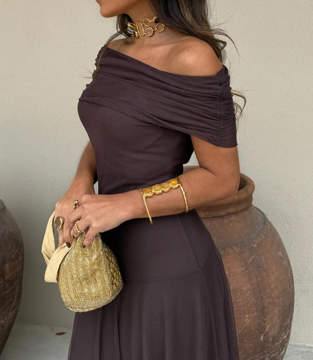 Women's Off-Shoulder Ruched Sheer Skirt Maxi Dress