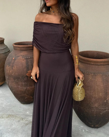 Women's Off-Shoulder Ruched Sheer Skirt Maxi Dress