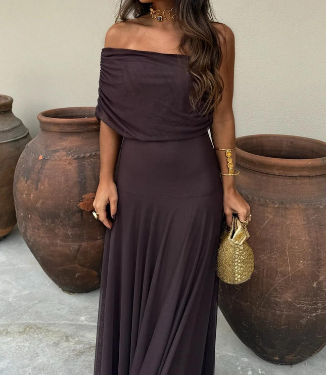 Women's Off-Shoulder Ruched Sheer Skirt Maxi Dress