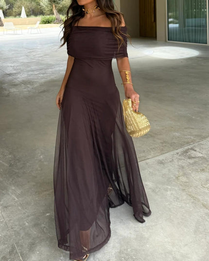 Women's Off-Shoulder Ruched Sheer Skirt Maxi Dress