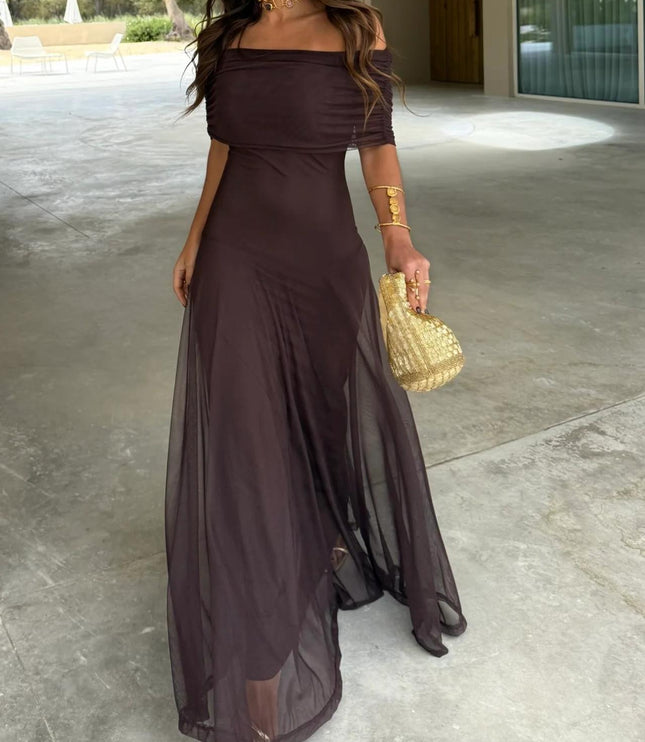 Women's Off-Shoulder Ruched Sheer Skirt Maxi Dress