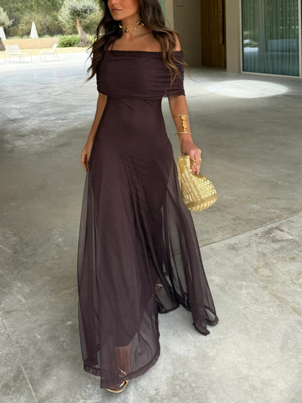 Women's Off-Shoulder Ruched Sheer Skirt Maxi Dress