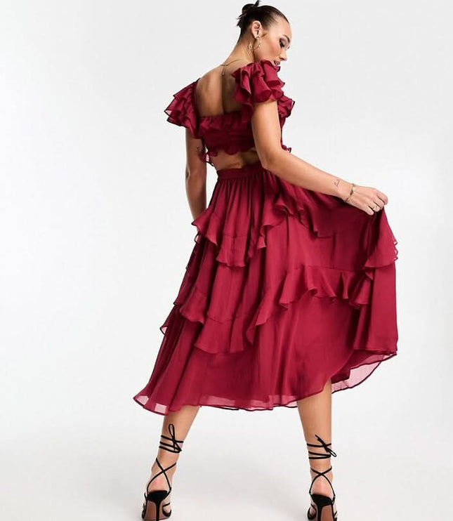 Burgundy ruffle midi dress with off-shoulder sleeves and tiered skirt, elegant wedding guest dress