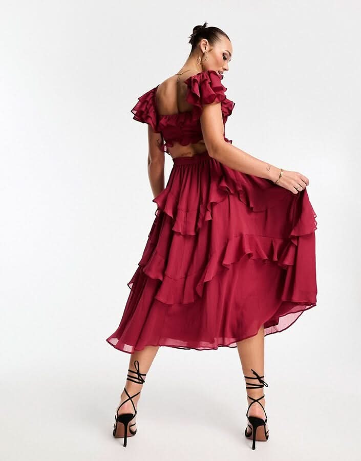 Women's Off-Shoulder Ruched Tiered Ruffle Wedding-Guest Midi Dress - Red / L - Fashion