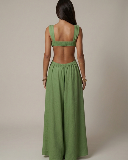 Women's Olive Green V-Neck Summer Wedding Guest Maxi Dress