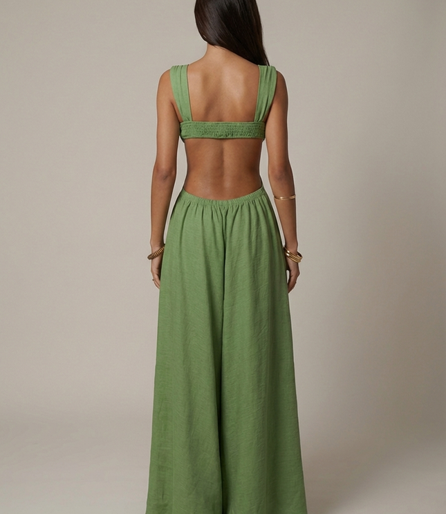 Women's Olive Green V-Neck Summer Wedding Guest Maxi Dress
