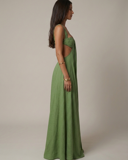 Women's Olive Green V-Neck Summer Wedding Guest Maxi Dress