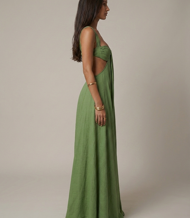 Women's Olive Green V-Neck Summer Wedding Guest Maxi Dress