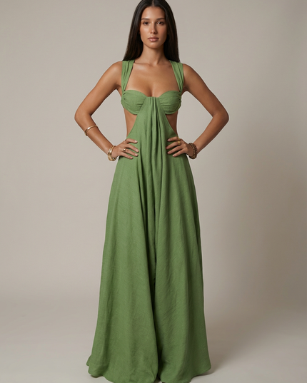 Women's Olive Green V-Neck Summer Wedding Guest Maxi Dress