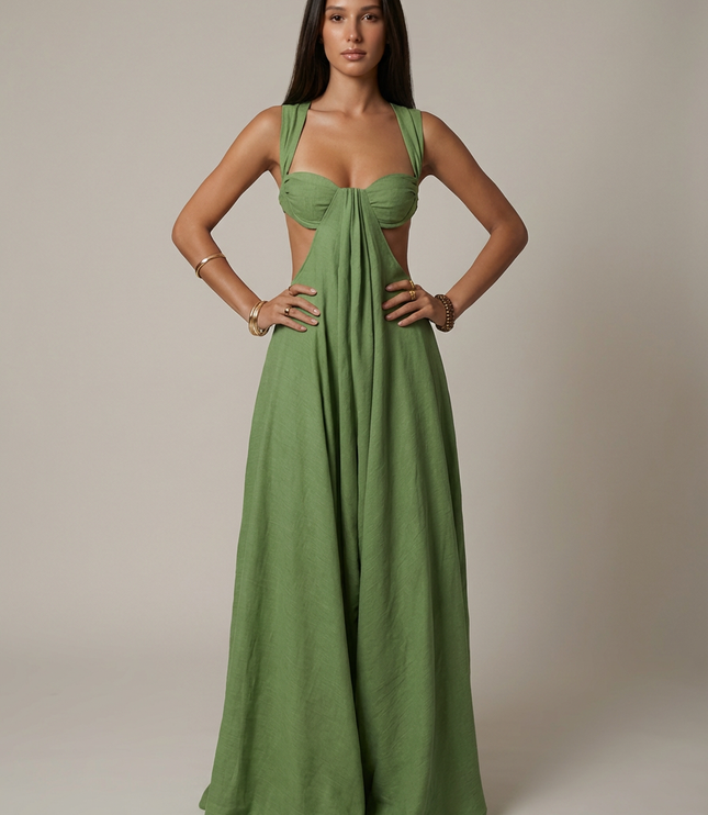Women's Olive Green V-Neck Summer Wedding Guest Maxi Dress