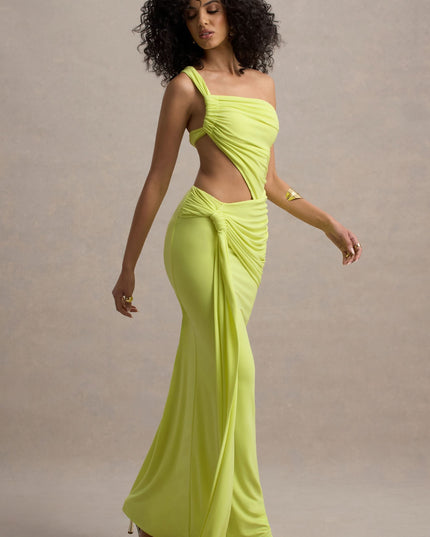 Front view of lime green summer dress with asymmetrical strap and high side cutout