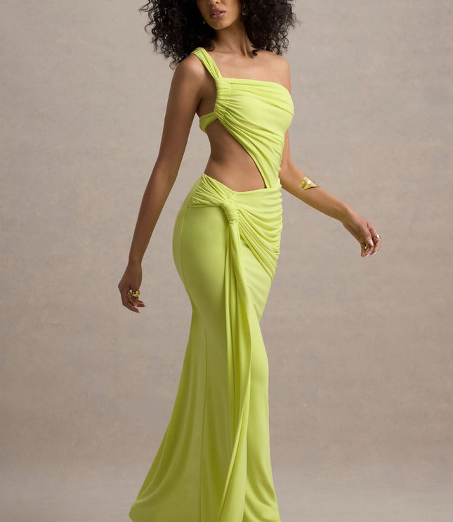Front view of lime green summer dress with asymmetrical strap and high side cutout