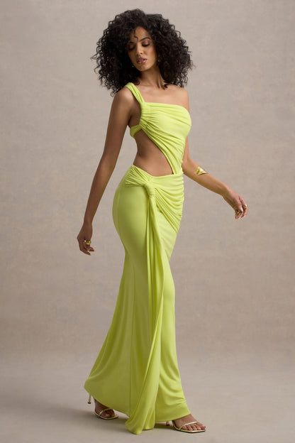 Front view of lime green summer dress with asymmetrical strap and high side cutout