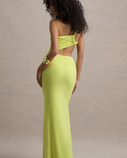 Back view of lime green one shoulder maxi dress with open back and smooth skirt