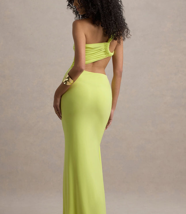 Back view of lime green one shoulder maxi dress with open back and smooth skirt