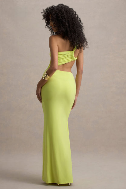 Back view of lime green one shoulder maxi dress with open back and smooth skirt