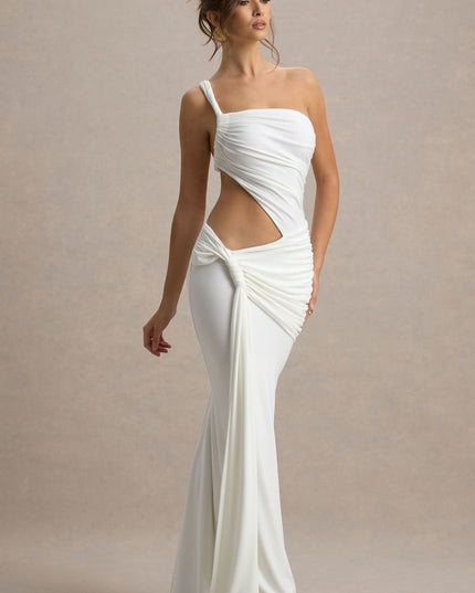 White one shoulder maxi dress with side cutout and ruched draping at the waist