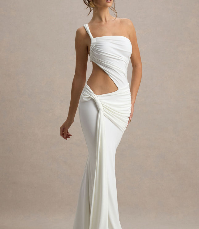White one shoulder maxi dress with side cutout and ruched draping at the waist