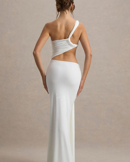 Back view of white one shoulder maxi dress with open back and fitted long skirt