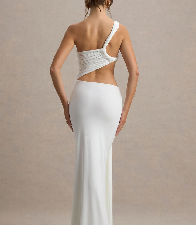 Back view of white one shoulder maxi dress with open back and fitted long skirt