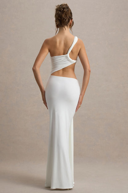 Back view of white one shoulder maxi dress with open back and fitted long skirt