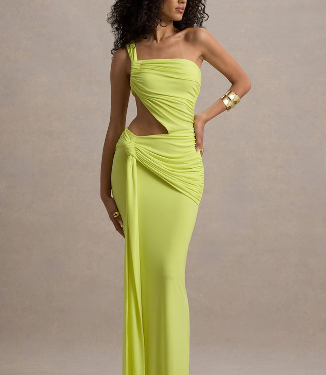 Lime green one shoulder maxi dress with side cutout and draped ruched bodice