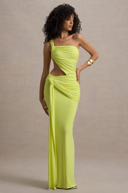 Lime green one shoulder maxi dress with side cutout and draped ruched bodice