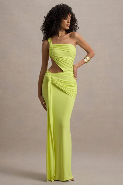 Lime green one shoulder maxi dress with side cutout and draped ruched bodice
