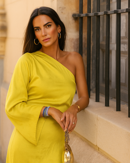 Women's One-Shoulder Dress with Ruched Draping and a Side Slit