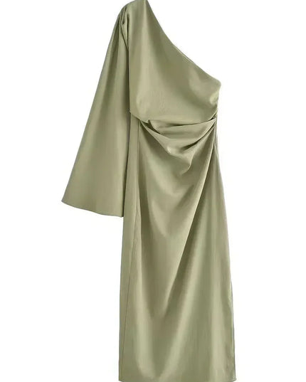 Women's One-Shoulder Dress with Ruched Draping and a Side Slit
