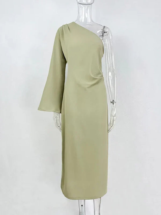 Women's One-Shoulder Dress with Ruched Draping and a Side Slit