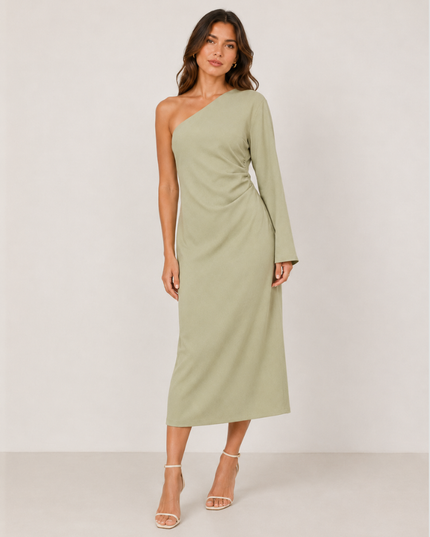 Women's One-Shoulder Dress with Ruched Draping and a Side Slit