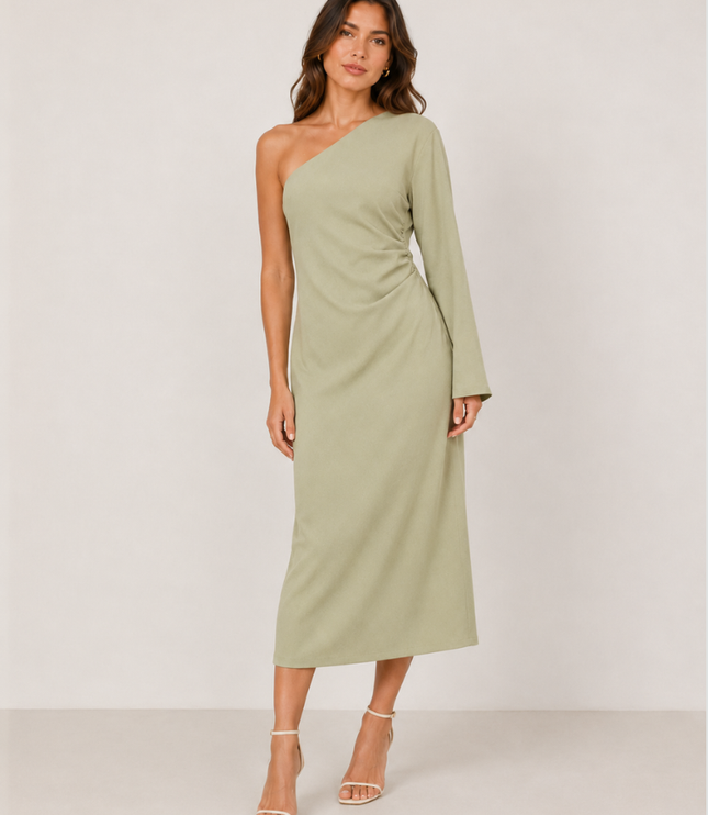 Women's One-Shoulder Dress with Ruched Draping and a Side Slit