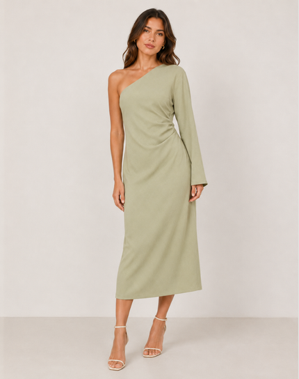 Women's One-Shoulder Dress with Ruched Draping and a Side Slit