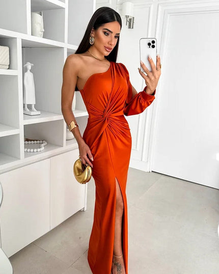 Orange one shoulder satin maxi dress with long sleeve and front slit