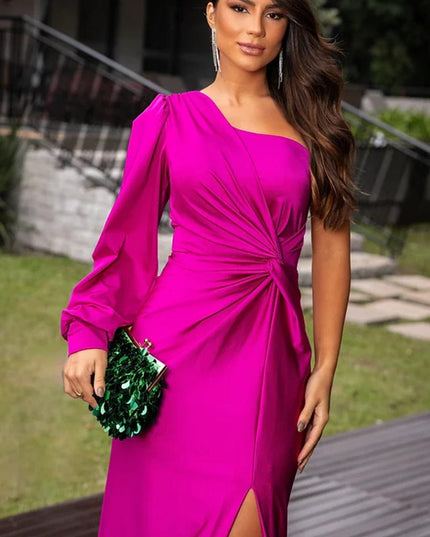 Magenta one shoulder satin maxi dress with draped waist and front slit